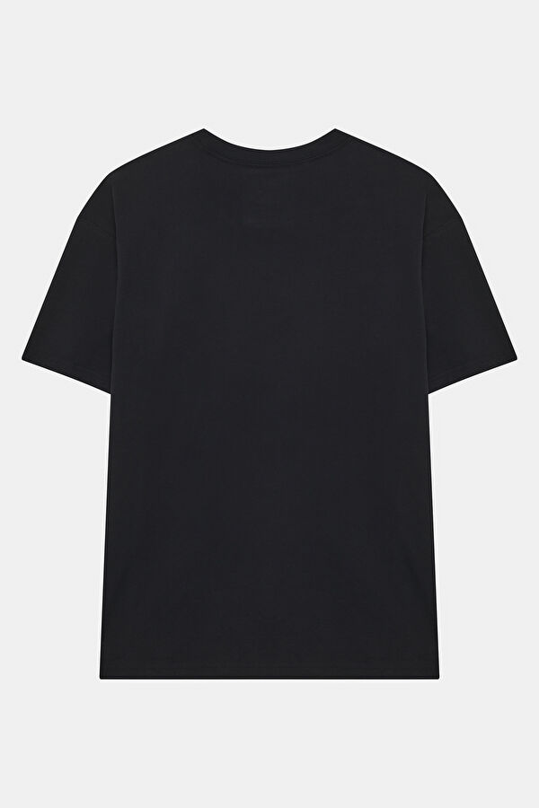 Relax Kalıp Siyah Bisiklet Yaka Baskılı Erkek T-Shirt 2