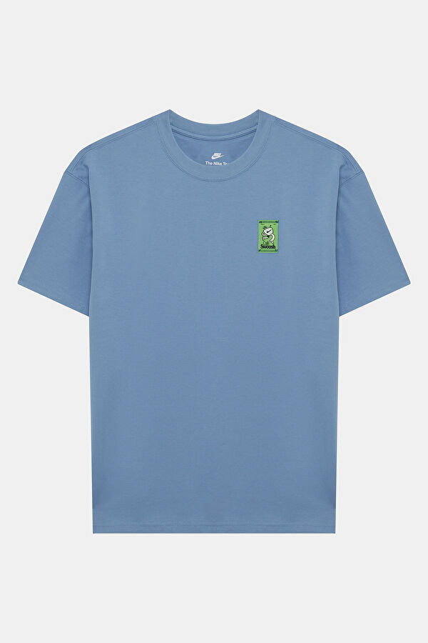 Relax Kalıp Mavi Bisiklet Yaka Baskılı Erkek T-Shirt