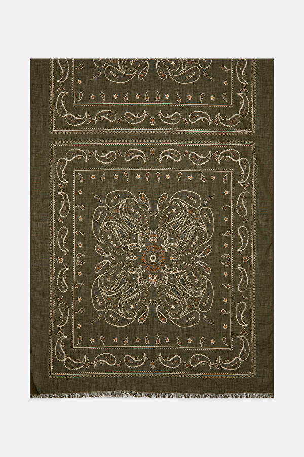 Haki Etnik Desenli Şal