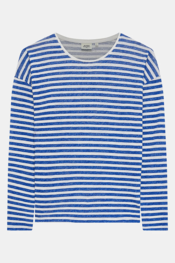 Beyaz Kayık Yaka Çizgili Desenli Kadın T-Shirt