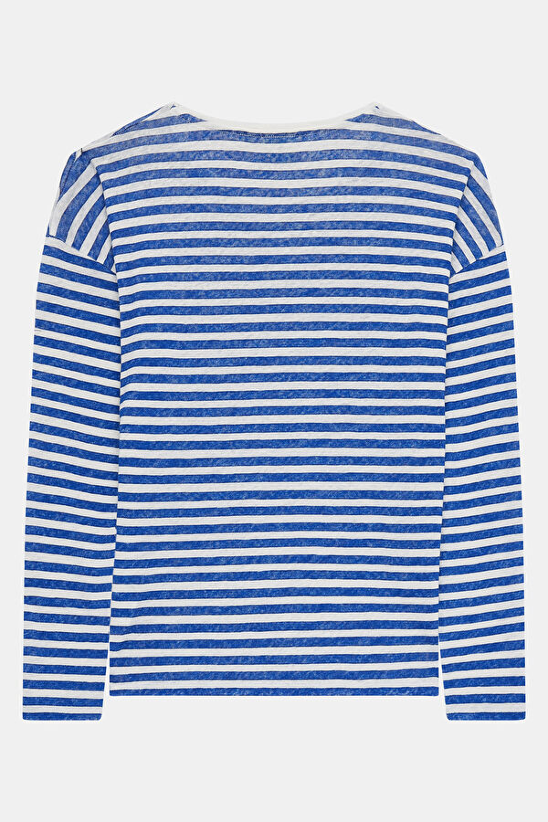 Beyaz Kayık Yaka Çizgili Desenli Kadın T-Shirt 2