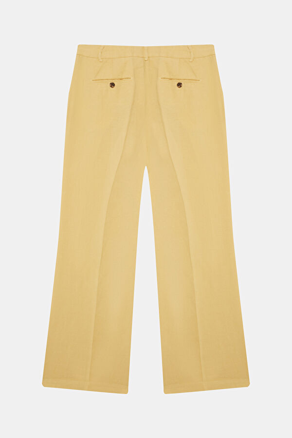 Açık Sarı Flare Wide Leg Keten Kadın Pantolon 2