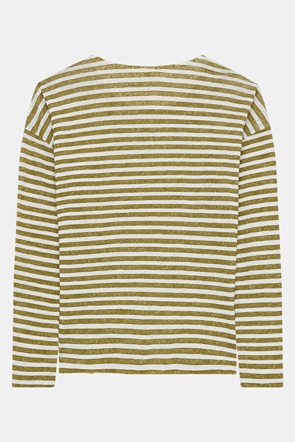 Beyaz Kayık Yaka Çizgili Desenli Kadın T-Shirt 2