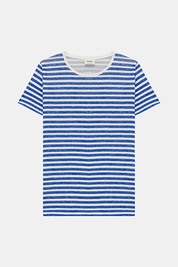 Mavi O Yaka Çizgili Desenli Kadın T-Shirt