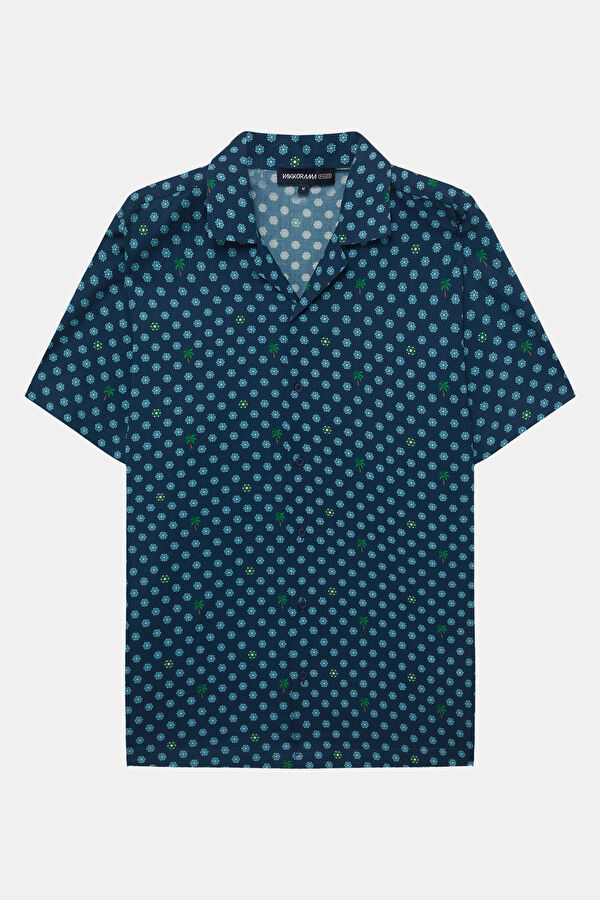 Navy Blue Patterned Resort Collar Men's Shirt