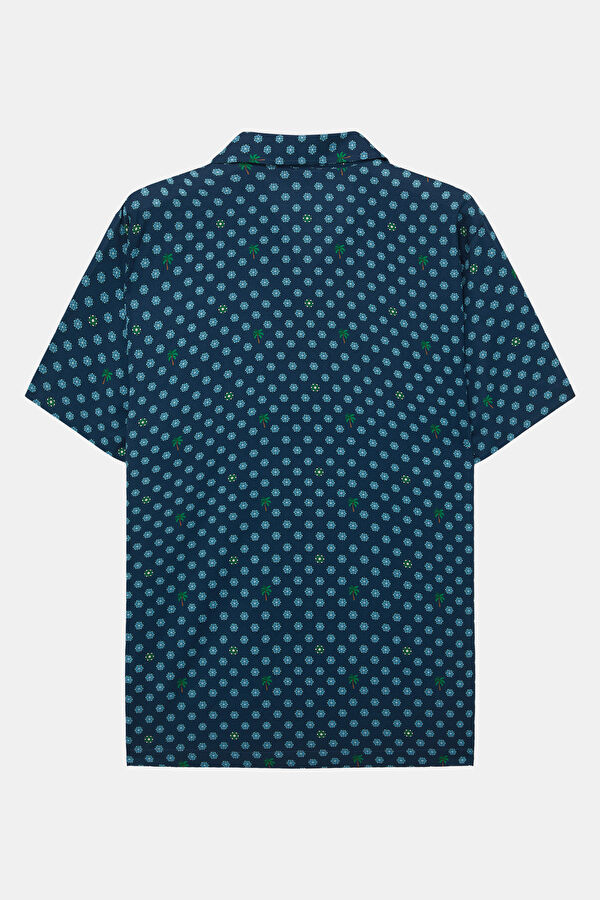 Navy Blue Patterned Resort Collar Men's Shirt 2