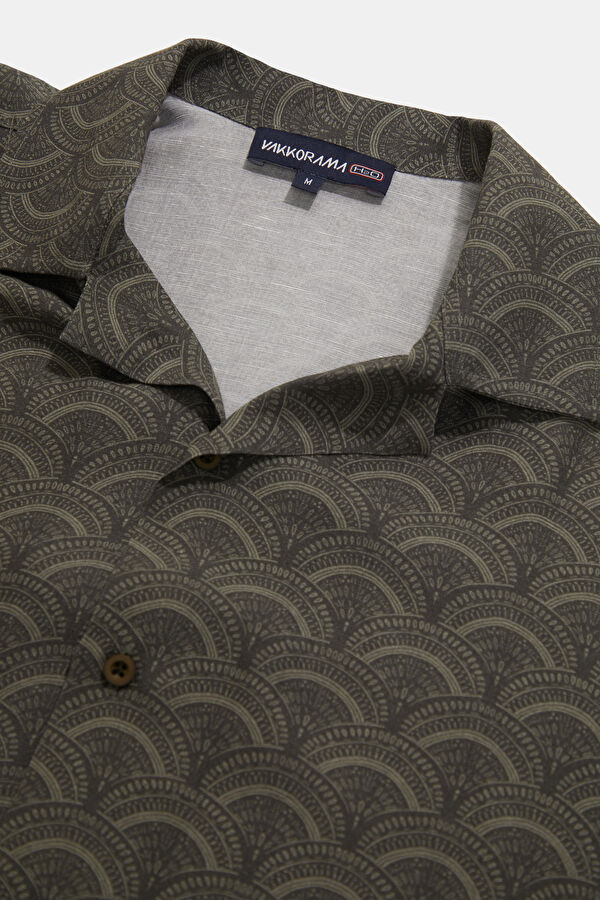 Khaki Patterned Resort Collar Men's Shirt 3