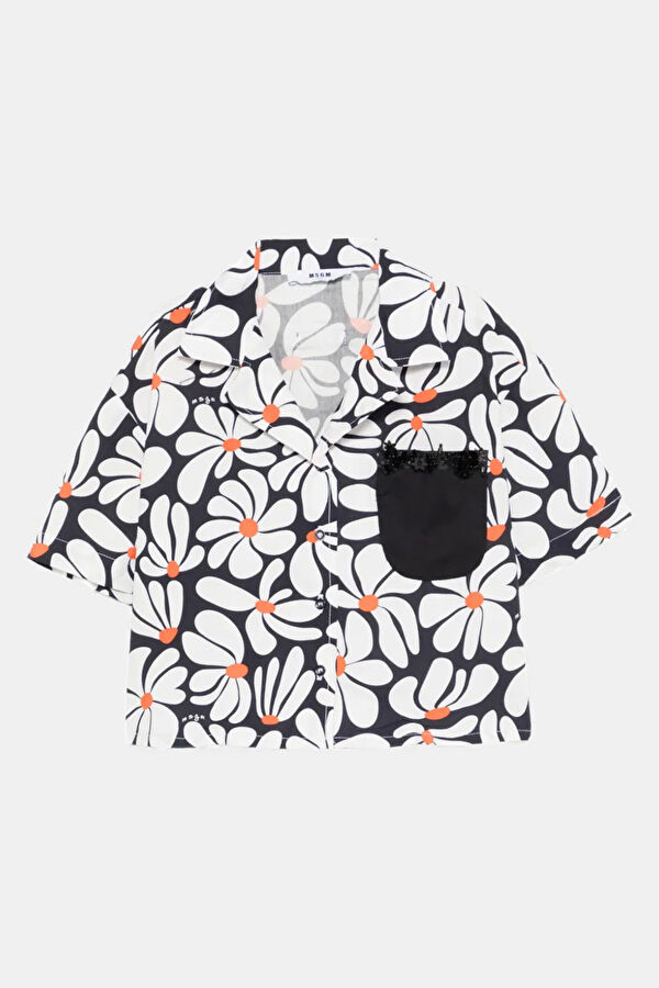 White Patterned High Neck Kids Shirt
