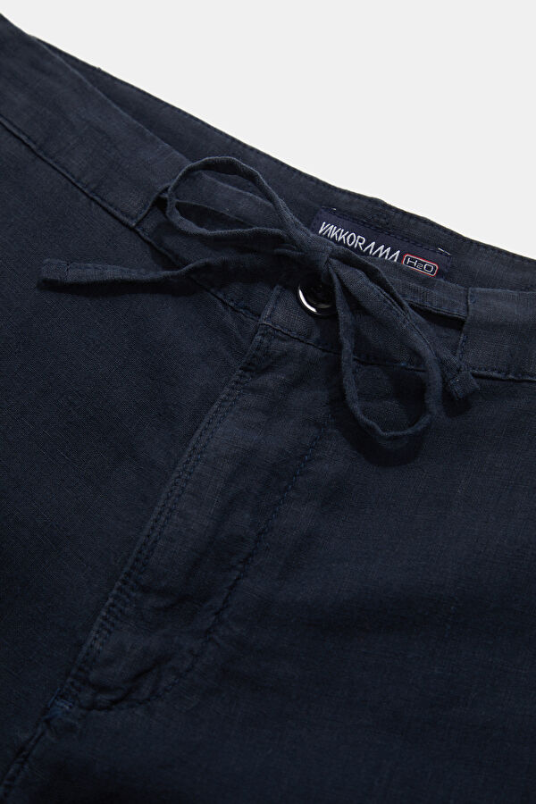 Relax Fit Navy Straight Leg Linen Men's Trousers 3