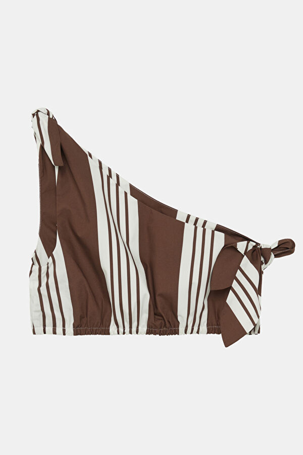Brown Striped Patterned Low-Sleeve Women's Blouse 2