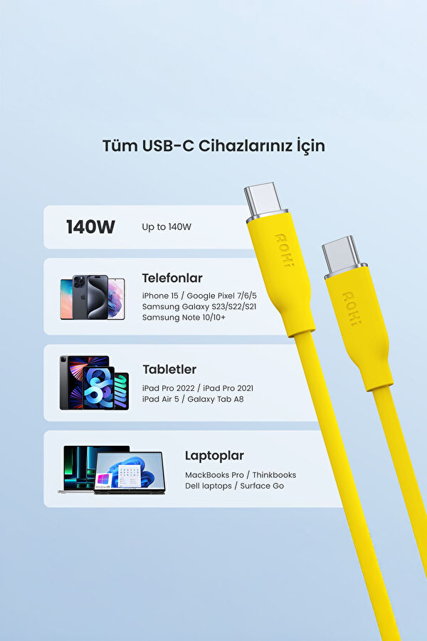 Silky Type-C to Type-C 1m PD 3.1 480Mbps 140W Süper Hızlı Şarj/Data Kablosu 8