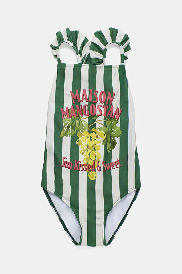 Dark Green Striped Kids Swimsuit