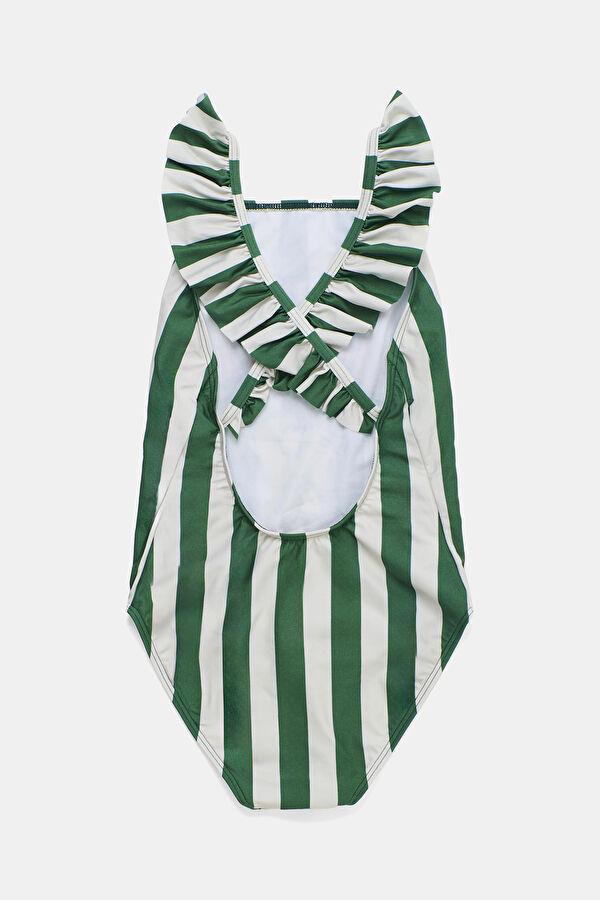 Dark Green Striped Kids Swimsuit 2