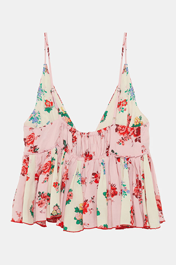 Light Pink Floral Patterned Strappy Women's Blouse 2