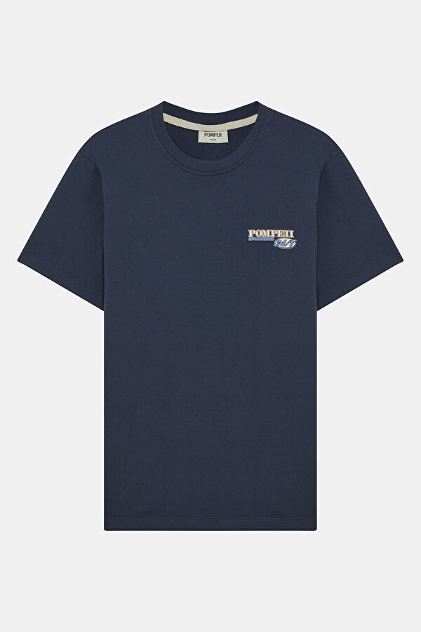 Relax Kalıp Lacivert Bisiklet Yaka Baskılı Erkek T-Shirt