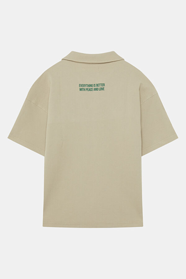 Relax Kalıp Bej Polo Yaka Baskılı Erkek T-Shirt 2