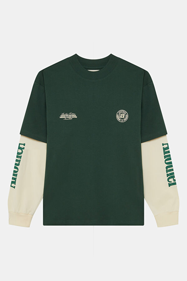 Relax Kalıp Yeşil Bisiklet Yaka Baskılı Erkek T-Shirt 4
