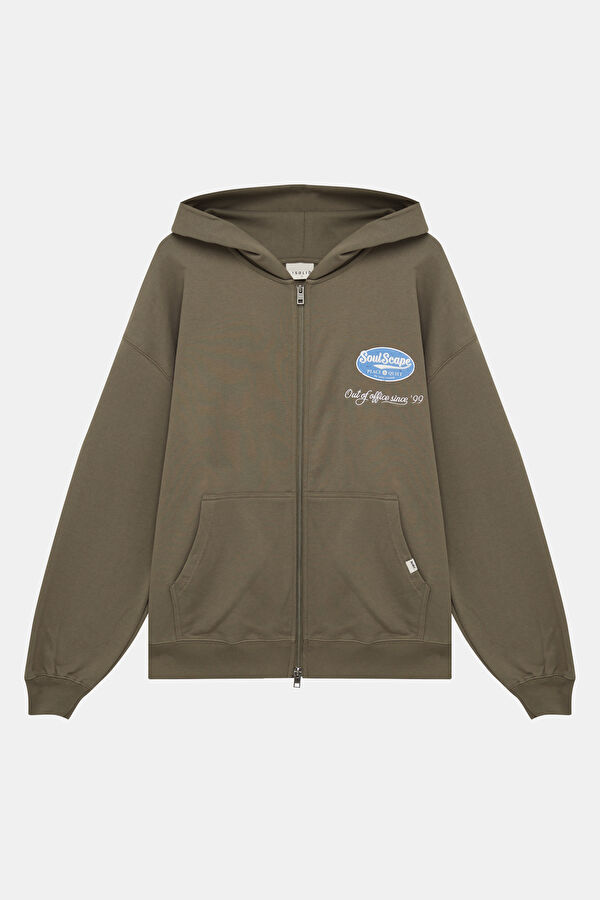 Haki Relax Kalıp Kapuşonlu Erkek Sweatshirt
