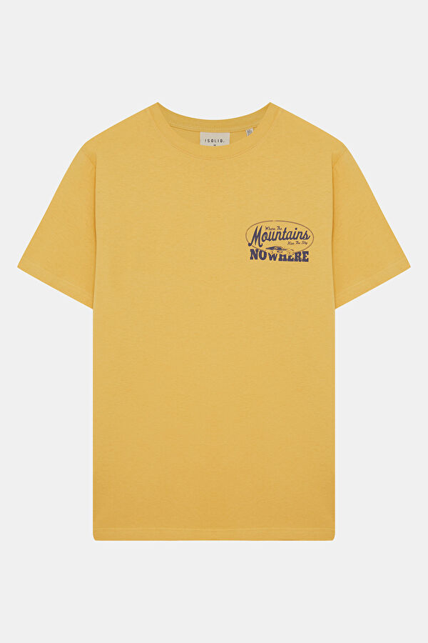 Relax Kalıp Sarı Bisiklet Yaka Baskılı Erkek T-Shirt