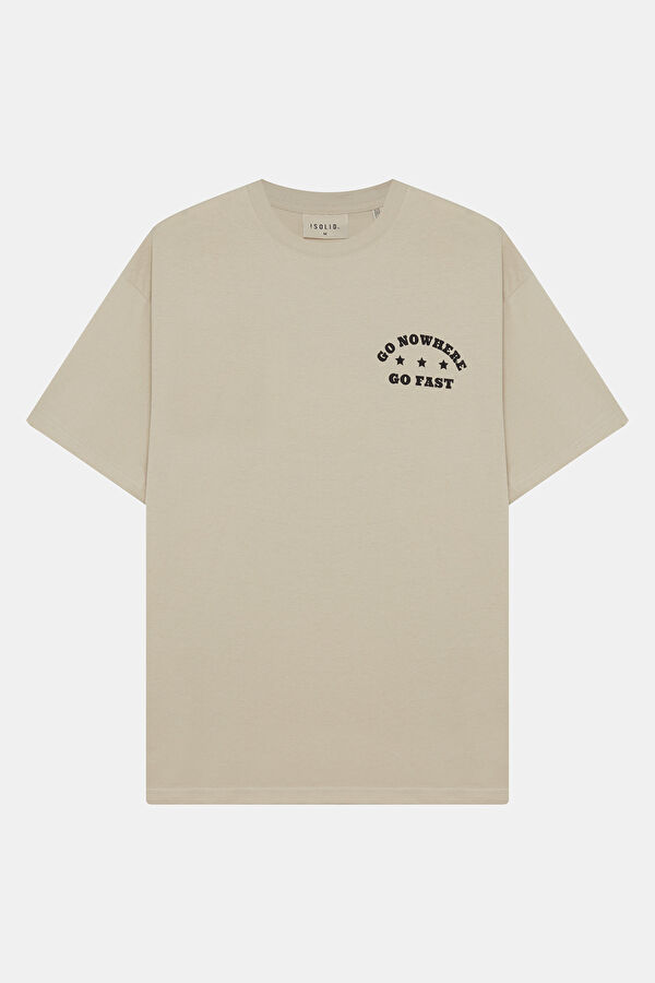 Relax Kalıp Krem Bisiklet Yaka Baskılı Erkek T-Shirt