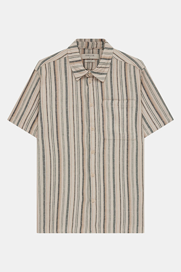 Beige Striped Resort Collar Men's Shirt