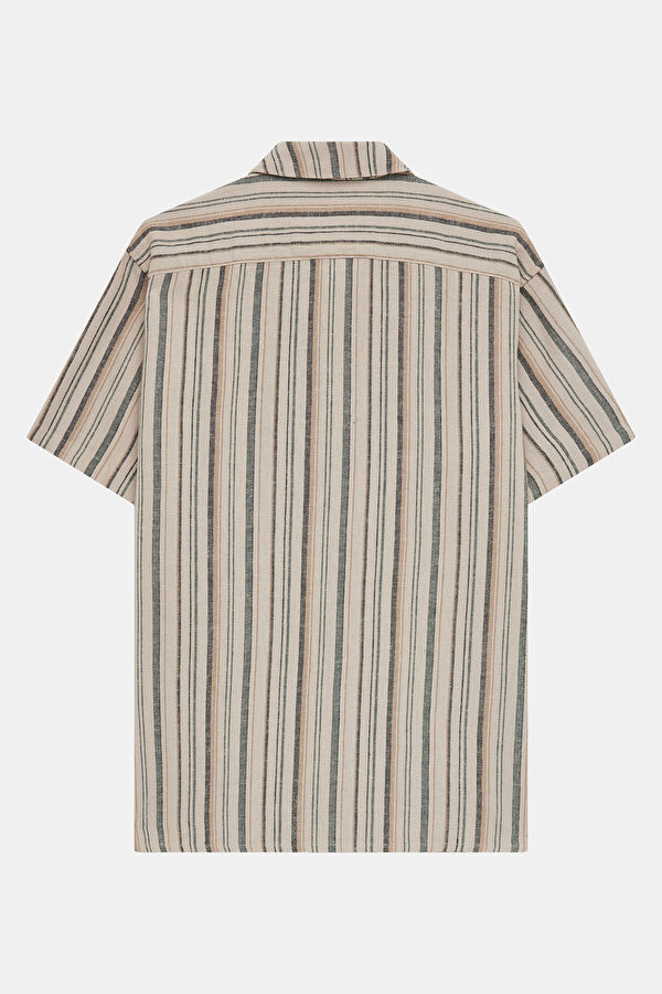 Beige Striped Resort Collar Men's Shirt 2