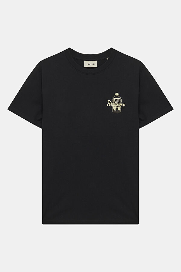 Relax Fit Black Crew Neck Printed Men's T-Shirt