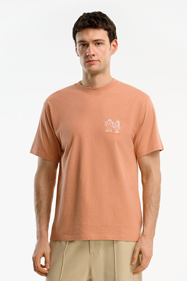 Relax Kalıp Somon Bisiklet Yaka Baskılı Erkek T-Shirt