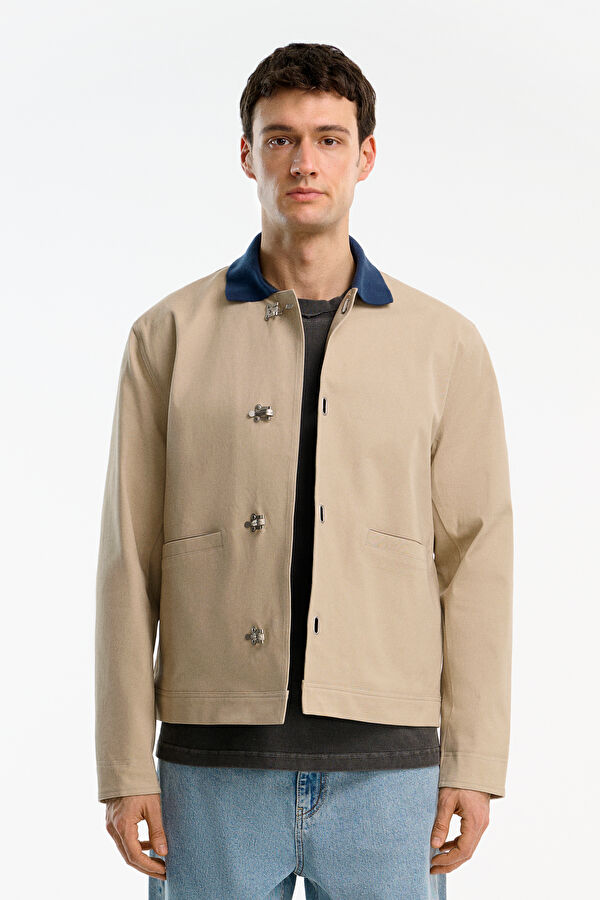 Beige Buttoned Cotton Elastane Men's Jacket