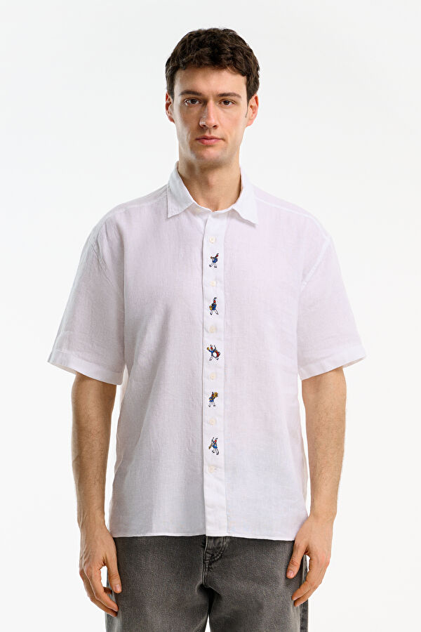 Relax Fit White Embroidered Men's Shirt