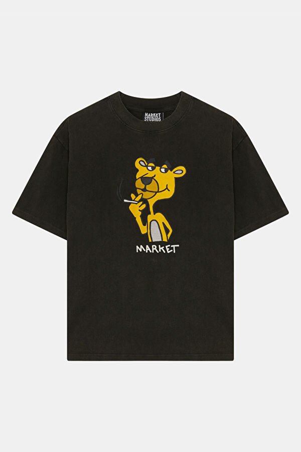Relax Kalıp Siyah Bisiklet Yaka Baskılı Erkek T-Shirt
