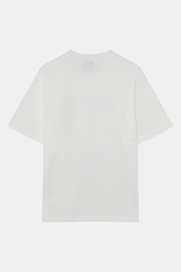 Relax Kalıp Beyaz Bisiklet Yaka Baskılı Erkek T-Shirt 2
