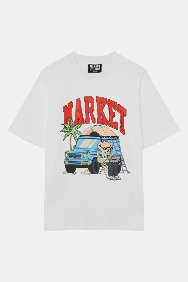 Relax Kalıp Beyaz Bisiklet Yaka Baskılı Erkek T-Shirt