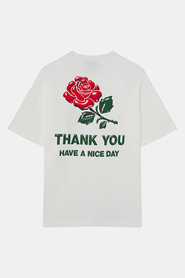 Relax Kalıp Beyaz Bisiklet Yaka Baskılı Erkek T-Shirt 2