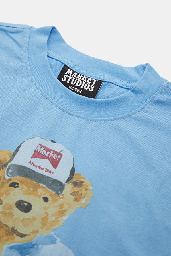 Men's Relaxed Fit Blue Crew Neck Printed T-Shirt 6