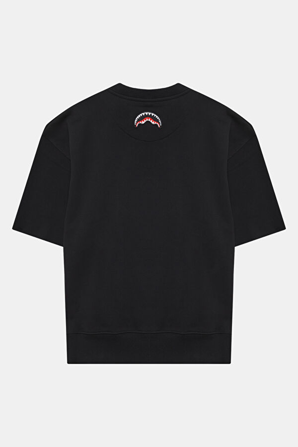 Relax Kalıp Siyah Bisiklet Yaka Nakışlı Erkek T-Shirt 4