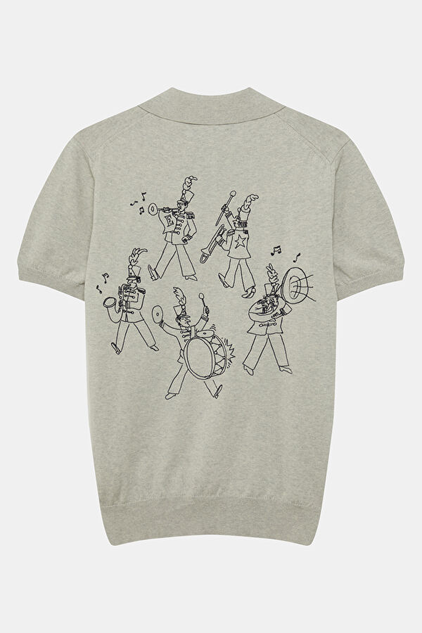 Gri Polo Yaka Nakışlı Erkek T-Shirt 2