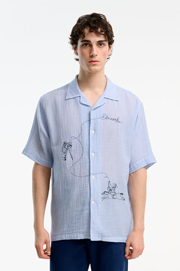 Relax Fit Light Blue Embroidered Resort Collar Men's Shirt