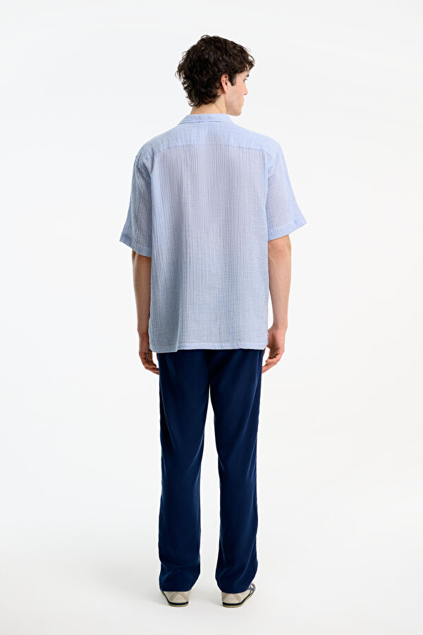 Relax Fit Light Blue Embroidered Resort Collar Men's Shirt 2