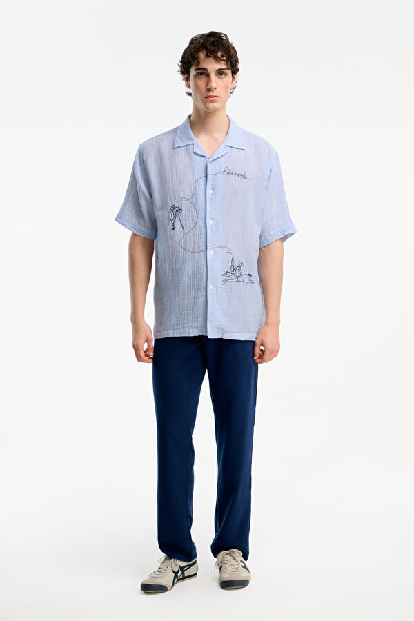 Relax Fit Light Blue Embroidered Resort Collar Men's Shirt 3