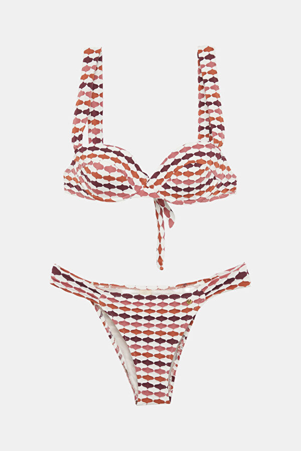 Ekru Geometrik Desenli Kadın Bikini