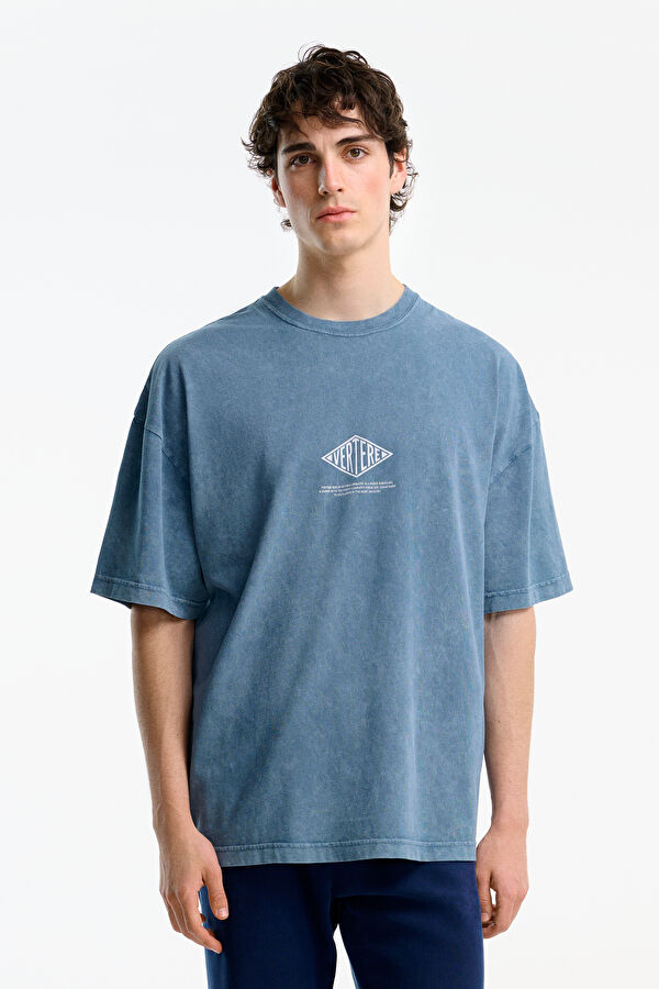 Relax Kalıp Gri Bisiklet Yaka Baskılı Erkek T-Shirt