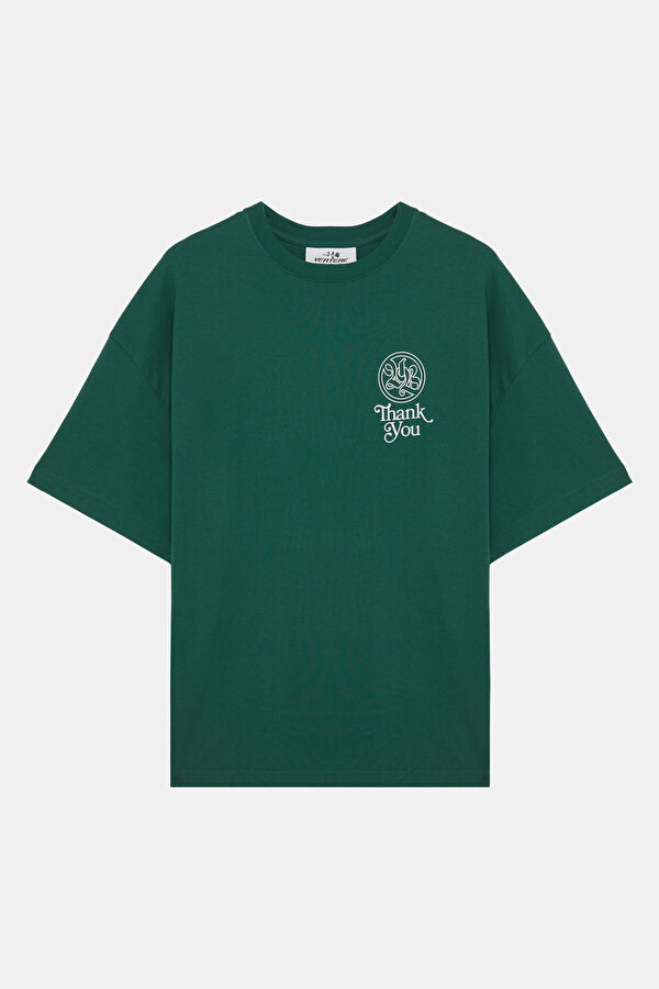 Relax Kalıp Yeşil Bisiklet Yaka Baskılı Erkek T-Shirt 4