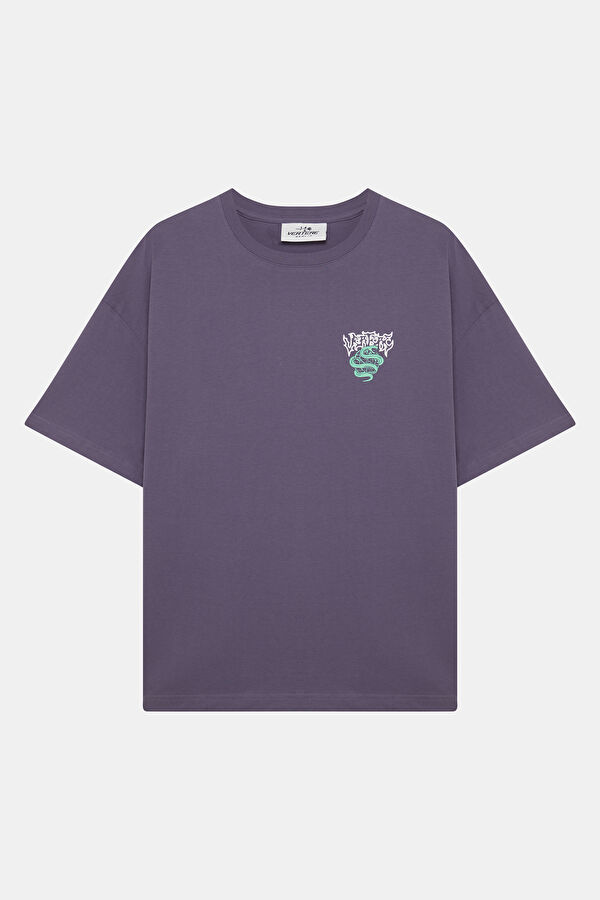 Relax Kalıp Mor Bisiklet Yaka Baskılı Erkek T-Shirt 4