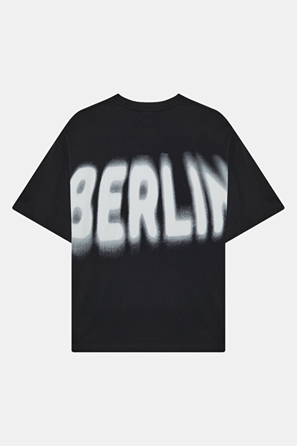 Relax Kalıp Siyah Bisiklet Yaka Baskılı Erkek T-Shirt 2