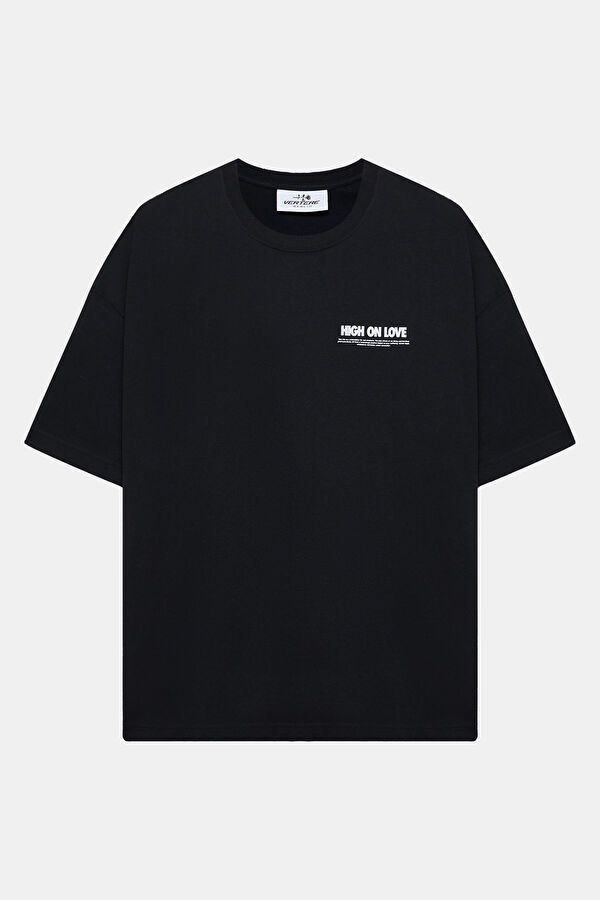 Relax Kalıp Siyah Bisiklet Yaka Baskılı Erkek T-Shirt