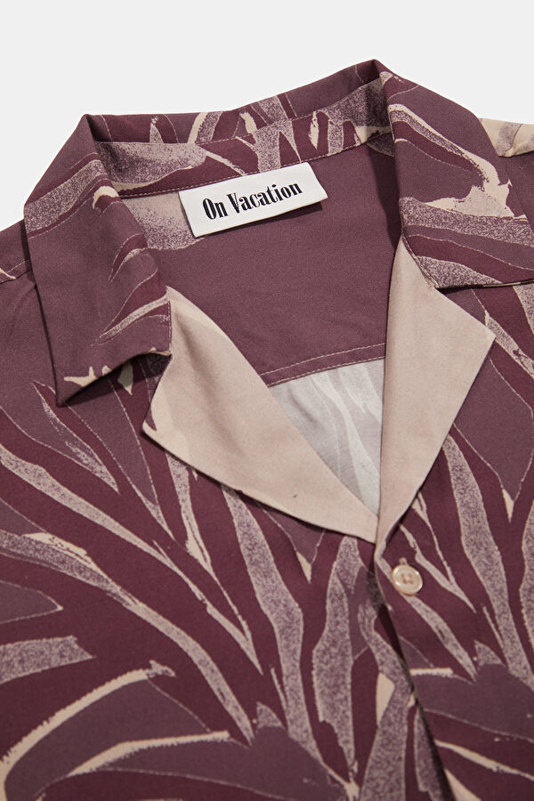 Relax Fit Burgundy Patterned Resort Collar Men's Shirt 3