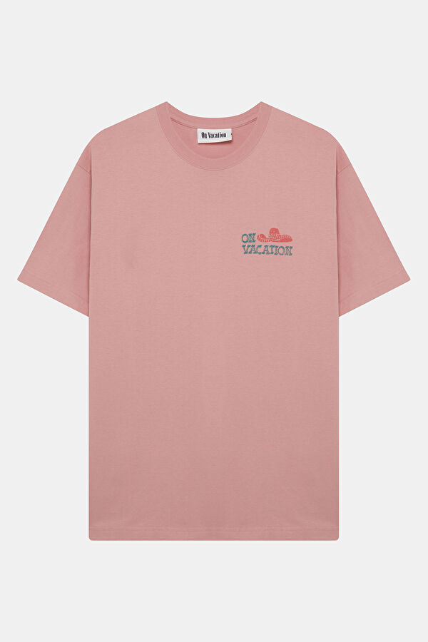 Relax Kalıp Pembe Bisiklet Yaka Baskılı Erkek T-Shirt