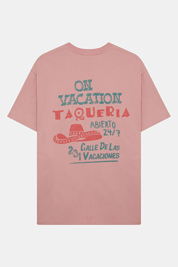 Relax Kalıp Pembe Bisiklet Yaka Baskılı Erkek T-Shirt 2