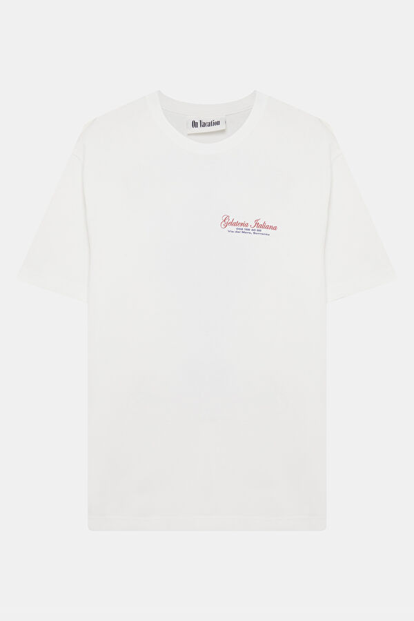 Relax Kalıp Beyaz Bisiklet Yaka Baskılı Erkek T-Shirt